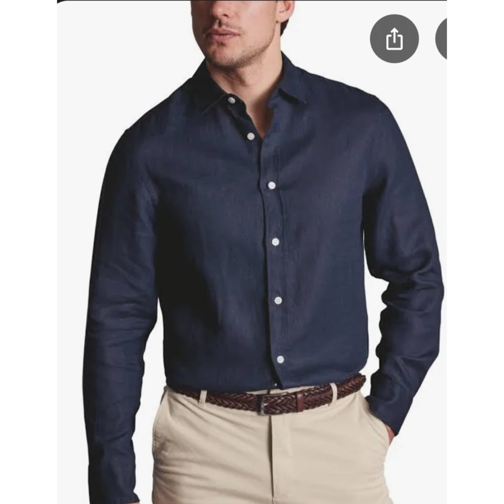 Men's Charles Tyrwhitt Navy Blue Linen Classic Fit Button Down Shirt M